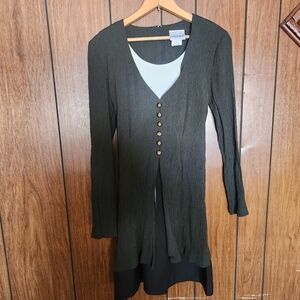 Misook Green and Black Buttoned Long Sleeve Dress